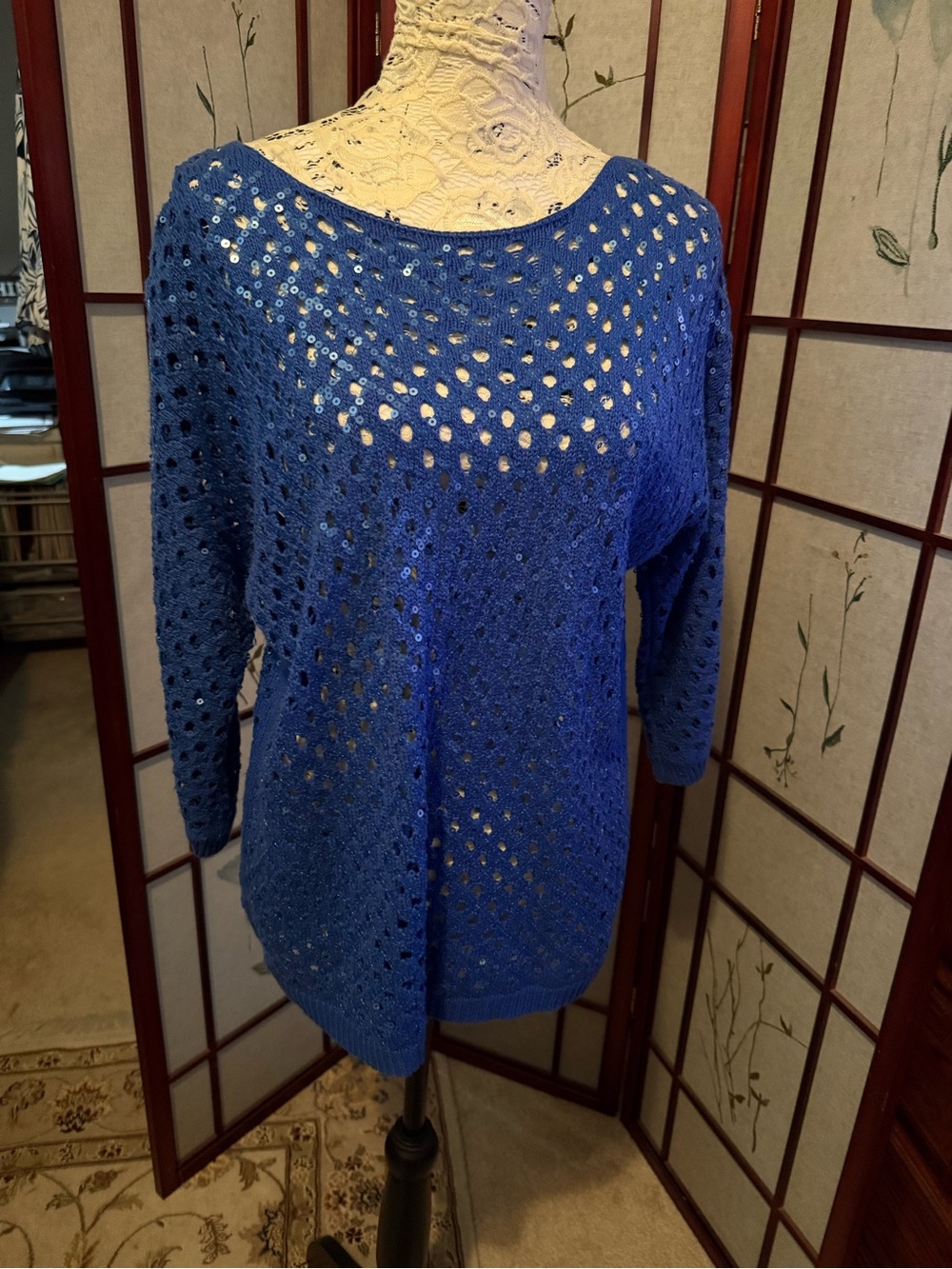 Chico's Open-Knit Cobalt Blue Off-the-Shoulder Sweater